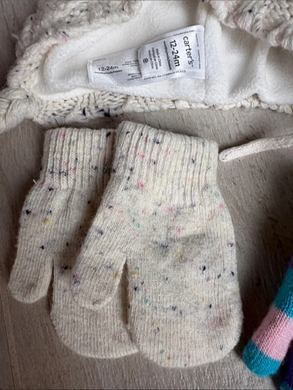 $5💕 Kids Cream Cable-Knit Pom Pom Winter Hat with Gloves Set